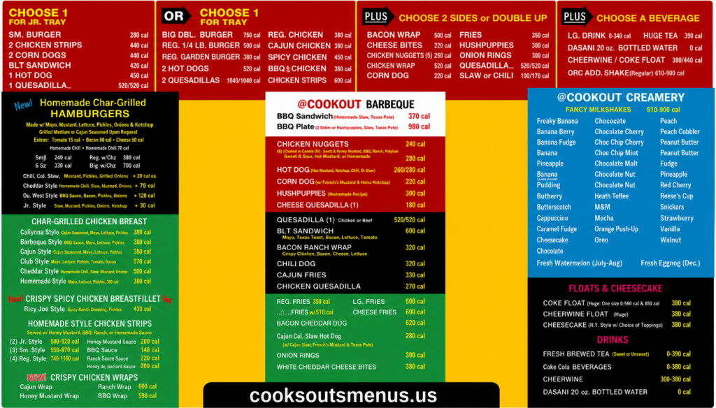 Cookout menu with updated 2026 prices, burgers, trays, and milkshakes