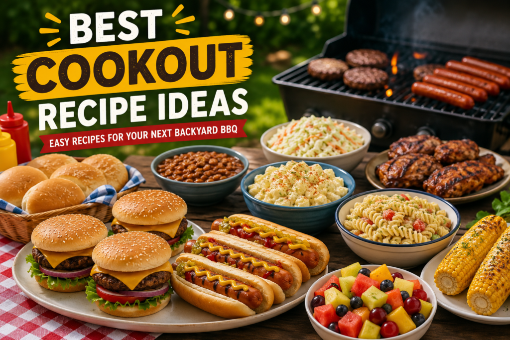 Cookout Recipe Ideas with burgers, BBQ chicken, hot dogs, grilled corn, potato salad, coleslaw, and fresh fruit for a backyard BBQ.