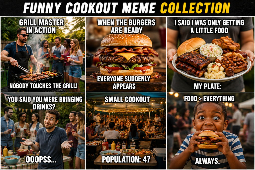 collection of funny Cookout memes about BBQ food and grilling