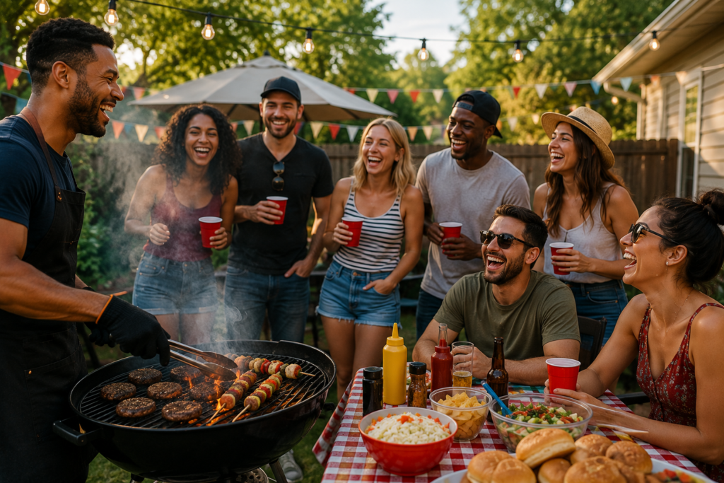 friends and family laughing at a backyard cookout