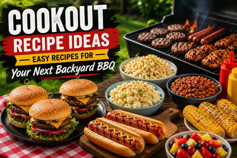 Cookout Recipe Ideas with grilled burgers, BBQ chicken, hot dogs, potato salad, coleslaw, baked beans, grilled corn, and fresh fruit for a backyard BBQ.