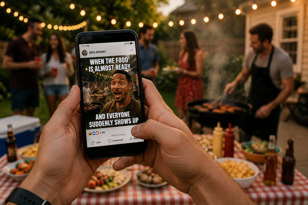 funny cookout meme on phone during BBQ gathering