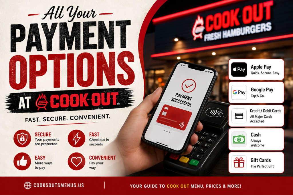 Cookout payment options including Apple Pay, Google Pay, credit and debit cards, cash, and gift cards