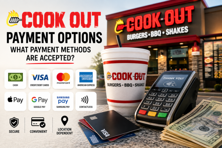 Cookout payment options including cash, credit and debit cards, Apple Pay, Google Pay, Samsung Pay, and contactless payments