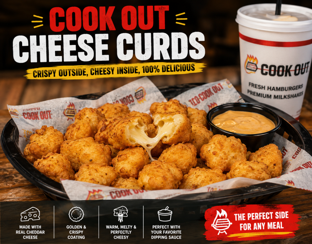 Golden crispy Cookout Cheese Curds served with dipping sauce, featuring melted white cheddar cheese. Learn about the price, calories, nutrition, and taste on the Cookout Menu.