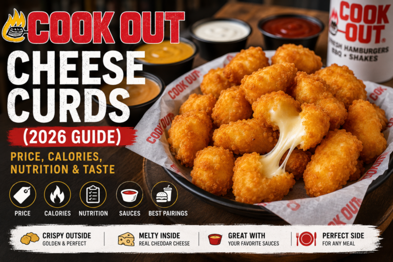 Golden crispy Cookout Cheese Curds with melted white cheddar cheese, dipping sauces, price, calories, nutrition facts, and taste guide.