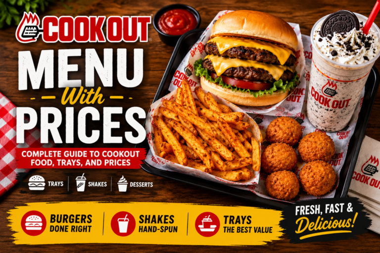 Cookout Menu With Prices with double cheeseburger, fries and Oreo milkshake