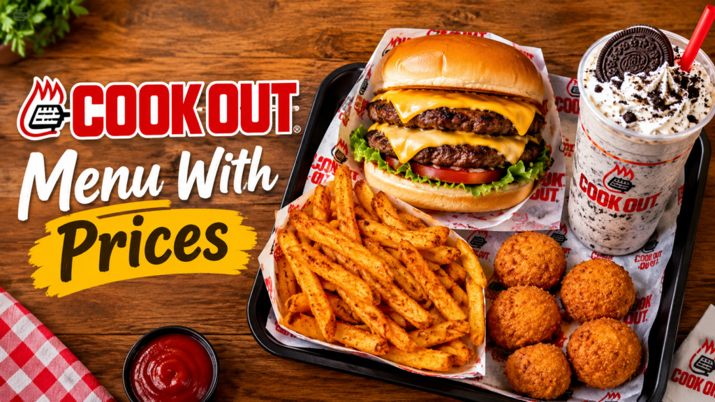 Cookout Menu With Prices featuring burgers, fries, hushpuppies and milkshake