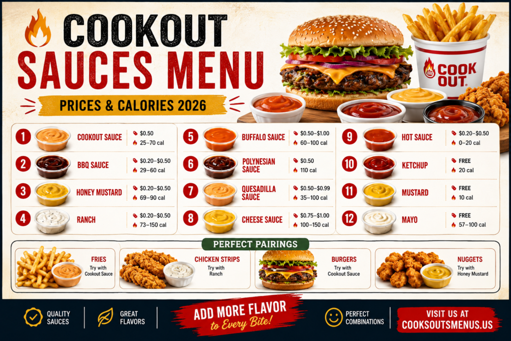 Cookout Sauces Menu 2026 with sauce prices, calories, and popular pairings
