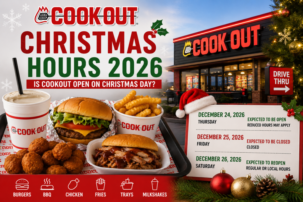 Cookout Christmas Hours 2026 showing Christmas holiday schedule